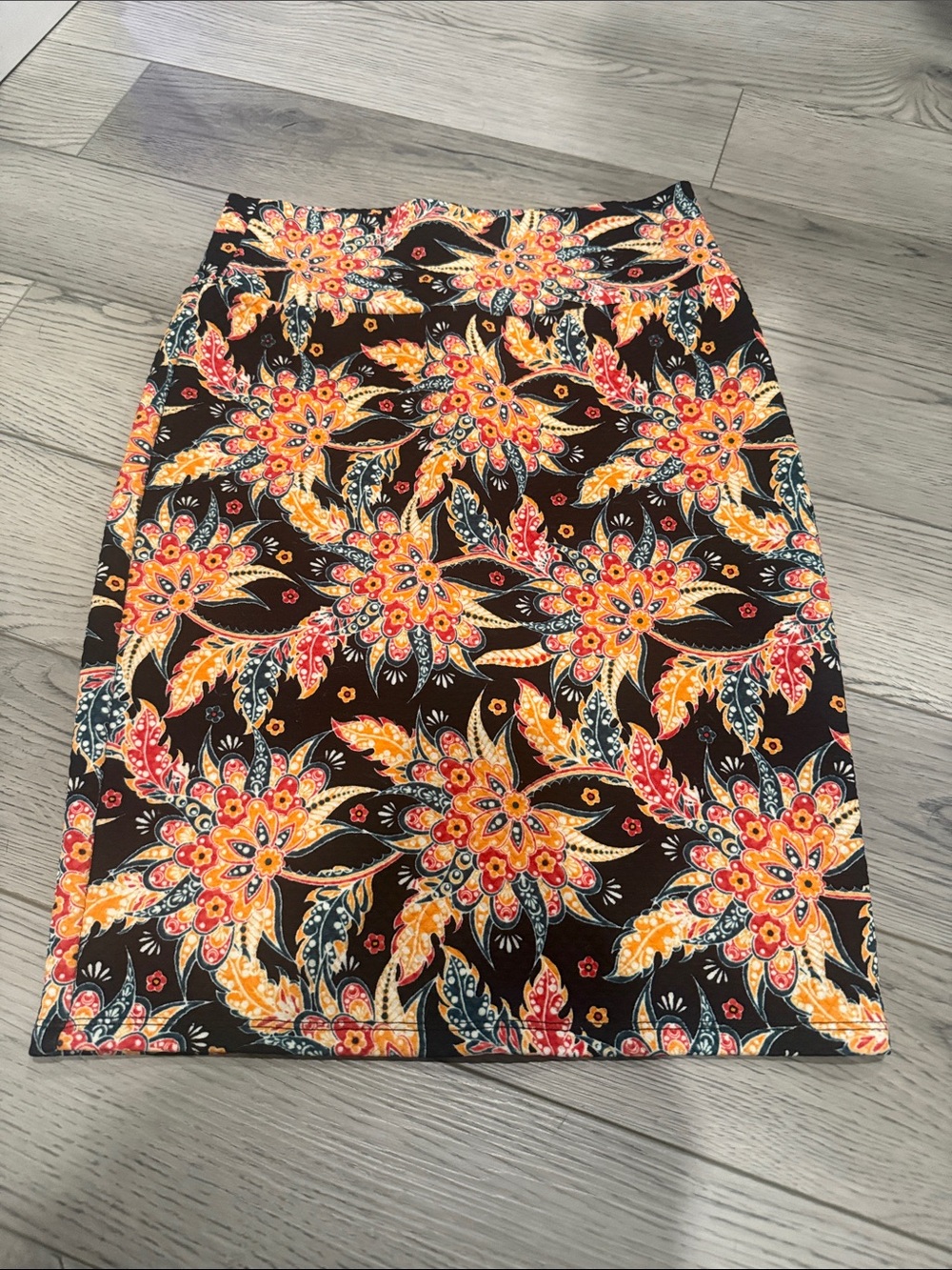 LuLaRoe Black Pencil Skirt with Orange, Red & Yellow Floral